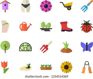 Color flat icon set nesting box flat vector, tree, flower, ladybird, pitchfork, seedlings, watering can, planting plants, garden wheelbarrow, gumboots, tulip, butterflies, greenhouse, forest