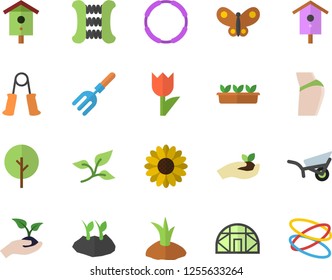 Color flat icon set nesting box flat vector, tree, flower, pitchfork, seedlings, planting plants, garden wheelbarrow, tulip, butterflies, greenhouse, leaf, buttocks, carpal expander, hoop