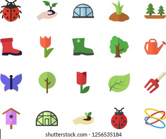 Color flat icon set nesting box flat vector, tree, ladybird, pitchfork, seedlings, watering can, planting plants, gumboots, tulip, butterflies, greenhouse, leaf, forest, hoop