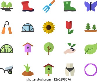 Color flat icon set nesting box flat vector, tree, flower, pitchfork, seedlings, planting plants, garden wheelbarrow, gumboots, tulip, butterflies, greenhouse, leaf, forest, waistline, hoop