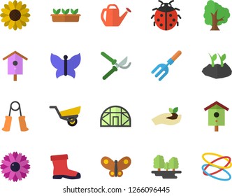 Color flat icon set nesting box flat vector, tree, flower, ladybird, pitchfork, secateurs, seedlings, watering can, planting plants, garden wheelbarrow, gumboots, butterflies, greenhouse, forest