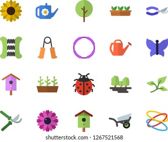 Color flat icon set nesting box flat vector, tree, flower, ladybird, secateurs, watering can, garden wheelbarrow, seedlings, butterflies, leaf, forest, carpal expander, hoop