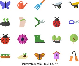 Color flat icon set nesting box flat vector, tree, flower, ladybird, pitchfork, secateurs, seedlings, watering can, planting plants, garden wheelbarrow, gumboots, butterflies, forest, buttocks