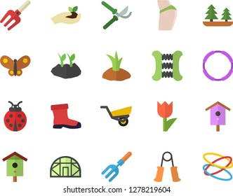 Color flat icon set nesting box flat vector, ladybird, pitchfork, secateurs, seedlings, planting plants, garden wheelbarrow, gumboots, tulip, butterflies, greenhouse, forest, buttocks, hoop