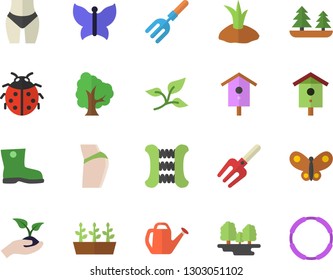 Color flat icon set nesting box flat vector, tree, ladybird, pitchfork, seedlings, watering can, planting plants, gumboots, butterflies, leaf, forest, buttocks, waistline, carpal expander, hoop