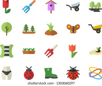 Color flat icon set nesting box flat vector, tree, ladybird, pitchfork, seedlings, planting plants, garden wheelbarrow, gumboots, tulip, butterflies, forest, waistline, carpal expander, hoop
