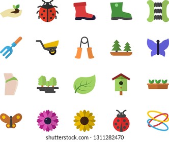 Color flat icon set nesting box flat vector, flower, ladybird, pitchfork, seedlings, garden wheelbarrow, gumboots, butterflies, tree leaf, forest, buttocks, carpal expander, hoop