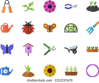 Color flat icon set nesting box flat vector, flower, ladybird, pitchfork, secateurs, watering can, planting plants, garden wheelbarrow, seedlings, butterflies, greenhouse, tree leaf, carpal expander