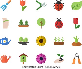 Color flat icon set nesting box flat vector, tree, flower, ladybird, pitchfork, secateurs, seedlings, watering can, planting plants, tulip, leaf, forest, buttocks, carpal expander