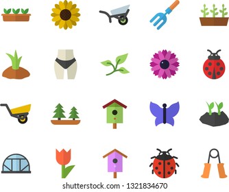 Color flat icon set nesting box flat vector, flower, ladybird, pitchfork, planting plants, garden wheelbarrow, tulip, seedlings, butterflies, greenhouse, tree leaf, forest, waistline