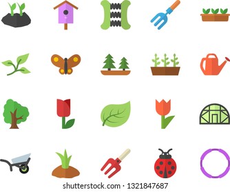 Color flat icon set nesting box flat vector, tree, ladybird, pitchfork, watering can, planting plants, garden wheelbarrow, tulip, seedlings, butterflies, greenhouse, leaf, forest, carpal expander