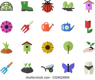 Color flat icon set nesting box flat vector, tree, flower, ladybird, pitchfork, seedlings, watering can, planting plants, garden wheelbarrow, gumboots, tulip, butterflies, greenhouse, forest