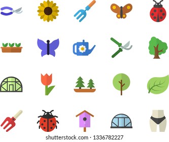Color flat icon set nesting box flat vector, tree, flower, ladybird, pitchfork, secateurs, watering can, tulip, seedlings, butterflies, greenhouse, leaf, forest, waistline