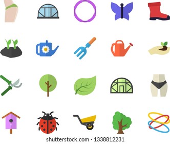 Color flat icon set nesting box flat vector, tree, ladybird, pitchfork, secateurs, seedlings, watering can, planting plants, garden wheelbarrow, gumboots, butterflies, greenhouse, leaf, buttocks