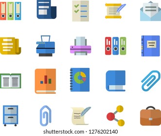 Color flat icon set news flat vector, book balance accounting, clip, document, folder, to do list, printer, copy machine, archive, hostory roll, textbook, folders for papers, share, message
