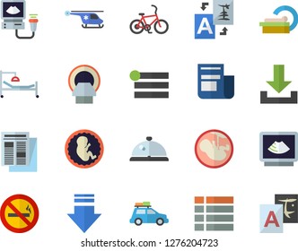 Color flat icon set news flat vector, hospital bed, ultrasound, helicopter, embryo, tomograph, car fector, bicycle, no smoking, jingle, menu, download, translate