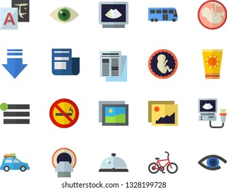 Color flat icon set news flat vector, ultrasound, embryo, tomograph, car fector, bus, bicycle, sun protection cream, no smoking, jingle, gallery, menu, download, translate, eye