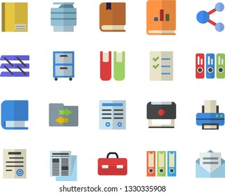Color flat icon set news flat vector, book balance accounting, briefcase, notebook, folder, to do list, printer, paper tray, copy machine, archive, contract, stamp, textbook, folders for papers