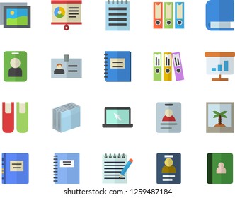 Color flat icon set notebook flat vector, chart, badge, sticker, folder, laptop, book, notepad, textbook, folders for papers, photo fector, pass, gallery
