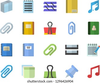 Color flat icon set notebook flat vector, clip, sticker, paper tray, notepad, pushpin, binder, note