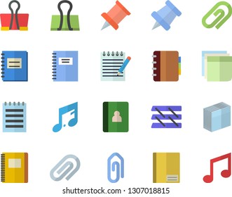 Color flat icon set notebook flat vector, clip, sticker, paper tray, notepad, pushpin, binder, note