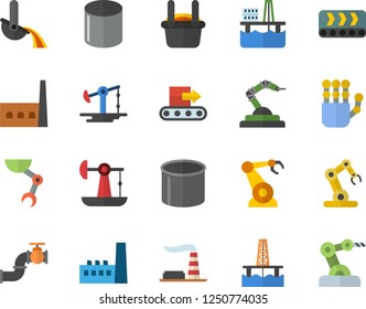 Color flat icon set oil production platform flat vector, pumping, main pipeline, factory, manufactory, conveyor, pipe, robotics, metallurgy, robot hand, industrial