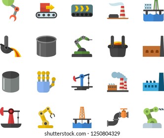 Color flat icon set oil production platform flat vector, pumping, main pipeline, factory, manufactory, conveyor, pipe, robotics, metallurgy, robot hand, industrial