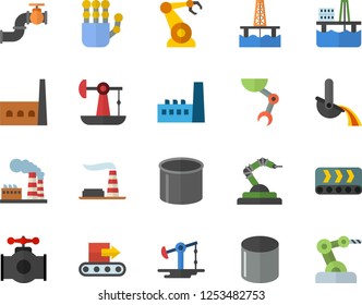 Color flat icon set oil production platform flat vector, pumping, main pipeline, factory, manufactory, conveyor, pipe, robotics, metallurgy, robot hand, industrial