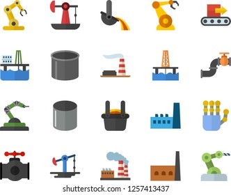 Color flat icon set oil production platform flat vector, pumping, main pipeline, factory, manufactory, conveyor, pipe, robotics, metallurgy, robot hand, industrial