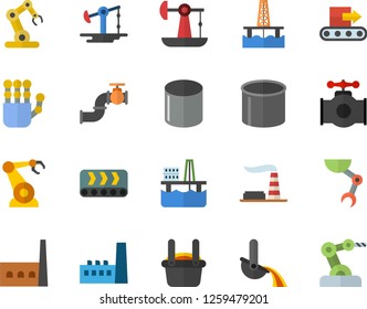 Color flat icon set oil production platform flat vector, pumping, main pipeline, factory, manufactory, conveyor, pipe, robotics, metallurgy, robot hand, industrial