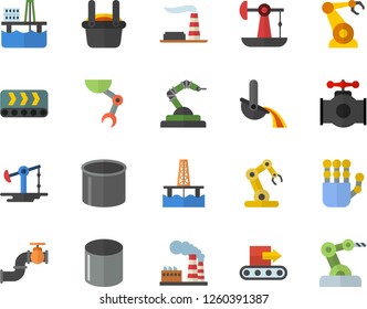 Color flat icon set oil production platform flat vector, pumping, main pipeline, factory, conveyor, pipe, robotics, metallurgy, robot hand, industrial