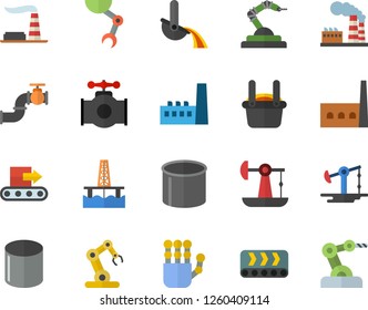 Color flat icon set oil production platform flat vector, pumping, main pipeline, factory, manufactory, conveyor, pipe, robotics, metallurgy, robot hand, industrial