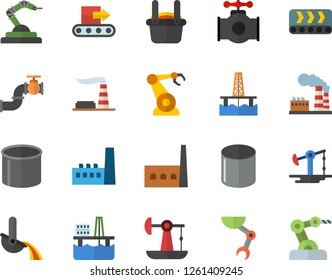 Color flat icon set oil production platform flat vector, pumping, main pipeline, factory, manufactory, conveyor, pipe, robotics, metallurgy, robot hand, industrial