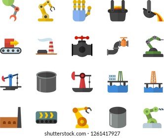 Color flat icon set oil production platform flat vector, pumping, main pipeline, factory, manufactory, conveyor, pipe, robotics, metallurgy, robot hand, industrial