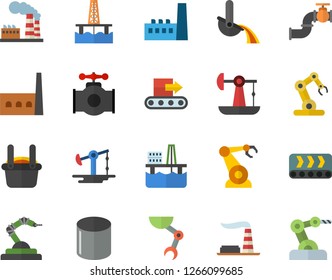 Color flat icon set oil production platform flat vector, pumping, main pipeline, factory, manufactory, conveyor, pipe, robotics, metallurgy, robot hand, industrial