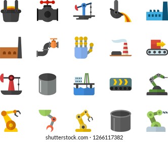 Color flat icon set oil production platform flat vector, pumping, main pipeline, factory, manufactory, conveyor, pipe, robotics, metallurgy, robot hand, industrial