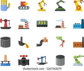Color flat icon set oil production platform flat vector, pumping, main pipeline, factory, manufactory, conveyor, pipe, robotics, metallurgy, robot hand, industrial