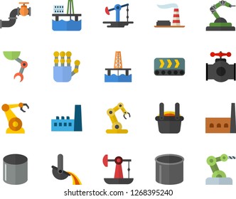 Color flat icon set oil production platform flat vector, pumping, main pipeline, factory, manufactory, conveyor, pipe, robotics, metallurgy, robot hand, industrial