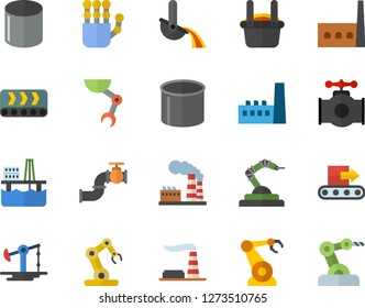 Color flat icon set oil production platform flat vector, pumping, main pipeline, factory, manufactory, conveyor, pipe, robotics, metallurgy, robot hand, industrial