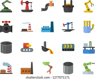 Color flat icon set oil production platform flat vector, pumping, main pipeline, factory, manufactory, conveyor, pipe, robotics, metallurgy, robot hand, industrial
