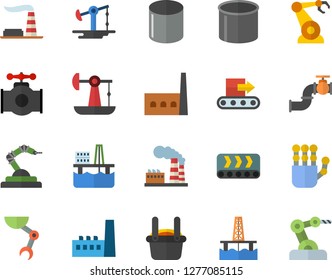 Color flat icon set oil production platform flat vector, pumping, main pipeline, factory, manufactory, conveyor, pipe, robotics, metallurgy, robot hand, industrial