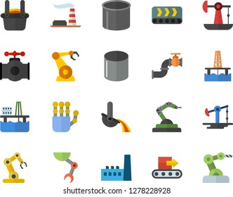 Color flat icon set oil production platform flat vector, pumping, main pipeline, factory, manufactory, conveyor, pipe, robotics, metallurgy, robot hand, industrial