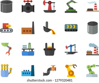 Color flat icon set oil production platform flat vector, pumping, main pipeline, factory, manufactory, conveyor, pipe, robotics, metallurgy, robot hand, industrial