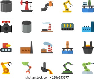 Color flat icon set oil production platform flat vector, pumping, main pipeline, factory, manufactory, conveyor, pipe, robotics, metallurgy, robot hand, industrial