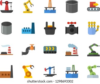 Color flat icon set oil production platform flat vector, pumping, main pipeline, factory, manufactory, conveyor, pipe, robotics, metallurgy, robot hand, industrial