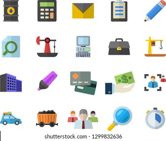 Color flat icon set oil pumping flat vector, tanks, crane, mining, magnifier, credit card, marker, investments, team, clipboard, briefcase, office building, calculator, recruitment, pencil, computer