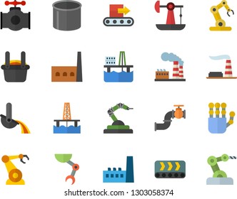 Color flat icon set oil production platform flat vector, pumping, main pipeline, factory, manufactory, conveyor, pipe, robotics, metallurgy, robot hand, industrial