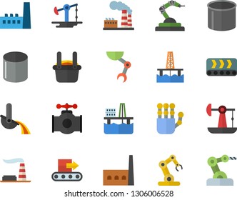 Color flat icon set oil production platform flat vector, pumping, main pipeline, factory, manufactory, conveyor, pipe, robotics, metallurgy, robot hand, industrial