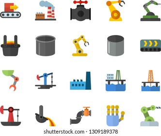 Color flat icon set oil production platform flat vector, pumping, main pipeline, factory, manufactory, conveyor, pipe, robotics, metallurgy, robot hand, industrial