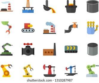 Color flat icon set oil production platform flat vector, pumping, main pipeline, factory, manufactory, conveyor, pipe, robotics, metallurgy, robot hand, industrial